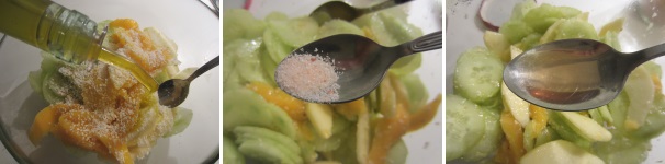 Aggiungete l’olio, il sale e l’aceto, mescolate tutto delicatamente e servite l’insalata dopo averla fatta leggermente raffreddare in frigorifero.