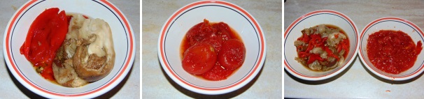 Pulite bene gli ortaggi dalla pelle ed adagiate i peperoni e le melanzane in una ciotola diversa da quella dei pomodori, quindi sfilacciate peperoni e melanzane e tagliate a pezzi i pomodori.
 