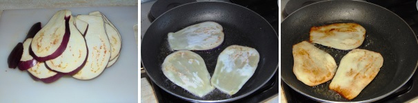 Lavate ed affettate le melanzane per il lungo e friggetele in abbondante olio di semi, salandole leggermente.
 