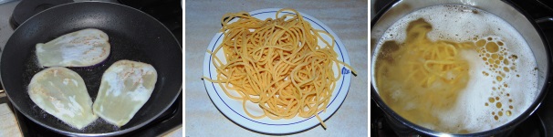 Lasciate le melanzane a scolare e cuocete la pasta in abbondante acqua salata per circa 6 minuti, quindi a bollore unite anche un cucchiaio di olio extravergine di oliva, in modo che la pasta non si attacchi.
 