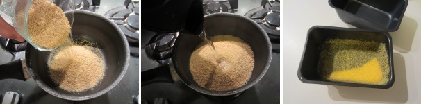 Versate il couscous in una pentola e coprite con l’acqua bollente. Coprite la pentola con un coperchio e lasciate così per 5 minuti. Ungete delle formine rettangolari e cospargete con la farina di mais.