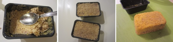 Riempite le vaschette con il couscous e schiacciate bene con un cucchiaio. Infornate a 200 °C per 15 minuti. Sfornate, raffreddate 5 minuti ed estraete delicatamente le mattonelle dalle forme.