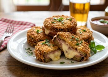 Melanzane in carrozza dorate e croccanti con ripieno filante di formaggio e prosciutto cotto