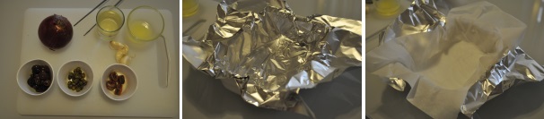 Preriscaldate il forno a 200 °C. Con della carta di alluminio foderate una pirofila e, all’interno, posizionate un foglio di carta forno.