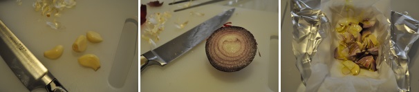 Tagliate grossolanamente la cipolla, pulite gli spicchi d’aglio e metteteli all’interno della pirofila con un cucchiaio di olio.