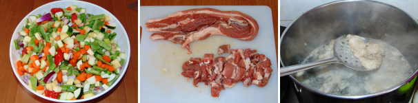 Mettete le verdure in un unico contenitore e tagliate a cubetti anche la carne. In una pentola unite abbondante acqua fredda ed aggiungetevi la carne a cubetti, dunque portate ad ebollizione e schiumate bene con un mestolo forato.