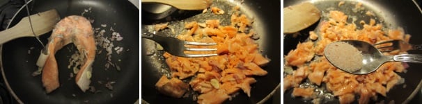 Cuocete il pesce due minuti da ogni lato, fin quando rilascia il proprio grasso. Spegnete il fuoco e pulite la carne, eliminando la pelle e le lische. Con una forchetta schiacciate delicatamente la carne e salate.
 