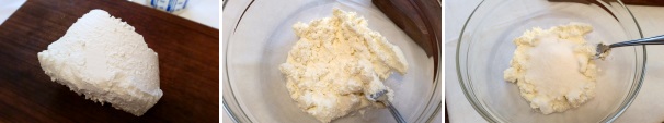 Prendete la ricotta fresca, mettetela in un recipiente dai bordi alti e schiacciatela con la forchetta, quindi unite lo zucchero semolato.