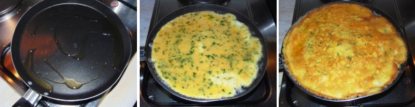 In una padella scaldate qualche cucchiaio di olio, mantenendo la fiamma a metà della sua capacità. Versate le uova in padella ricreando un cerchio e lasciatelo cuocere due minuti, quindi girate il tutto al rovescio.
 