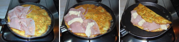 Una volta che avrete rivoltato l’omelette farcitene una metà dapprima con le fette di prosciutto e dopo con lo stracchino, quindi ripiegatela e servitela ben calda.