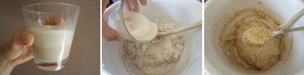 Quando il lievito avrà creato una schiuma, aggiungetelo alla farina. Cospargete con lo zucchero e mescolate.