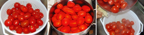 Ponete sul fuoco una capiente pentola piena per metà di acqua e portatela a bollore. Lavate bene i pomodori versateli all’interno della pentola, quindi lasciate che l’acqua riprenda il bollore e fate cuocere per circa 5 minuti. Scolate i pomodori in un colapasta e bucateli con una forchetta affinché perdano l’acqua in eccesso.