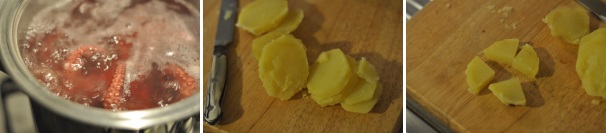 Intanto che il polpo cuoce controllate il tempo di cottura delle patate e, quando sono pronte, scolatele e lasciatele intiepidire per circa 5 minuti. Tagliatele poi a metà e in quarti. Se serve regolate di sale.