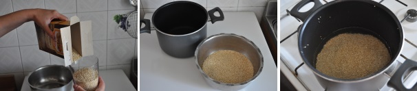 Iniziate a preparare la quinoa sciacquandola sotto acqua corrente per qualche minuto e immergendola in acqua salata che porterete a ebollizione. La quantità di acqua è specifica perché deve essere il doppio della quantità di quinoa.