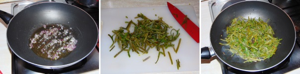Tritate finemente lo scalogno e fatelo imbiondire in poco olio, quindi tagliate finemente gli asparagi, precedentemente sbollentati, ed uniteli al soffritto. Salate e lasciate cuocere per alcuni minuti.
