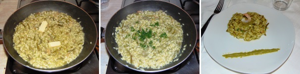 Togliete il riso dal fuoco e mantecatelo con il burro ed il prezzemolo tritato, quindi servite.
 
