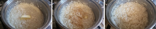 Spegnete il fuoco e mantecate il risotto con il burro e una manciata di noci. Servite subito guarnendo i piatti con le scaglie di Castelmagno, la granella rimasta e un gheriglio di noce.