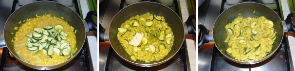 Ad un paio di minuti dalla fine della cottura del vostro risotto, aggiungete le zucchine con annesso il liquido di marinatura, finite di cuocere e mantecate con il burro, quindi servite il risotto ben caldo.
 