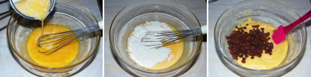 Fondete il burro e lasciatelo freddare, quindi aggiungetelo alle uova con lo zucchero lavorando il tutto con la frusta. Di seguito unite le farine e l’uvetta scolata dall’acqua di ammollo.