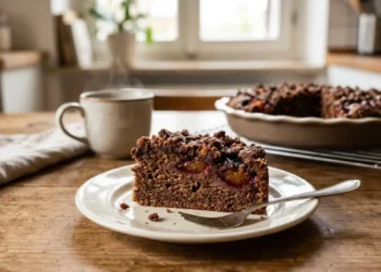 Fetta di torta di prugne integrale con copertura croccante al cacao servita su un piattino di ceramica.