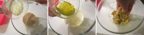 Preparate il croccantino unendo 50 grammi di farina, 50 grammi di zucchero e 50 millilitri di olio. Mescolate.