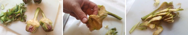 Tagliate a metà i carciofi, eliminando accuratamente “la barba” racchiusa all’interno del cuore, una volta che saranno completamente puliti e avrete mantenuto la parte più tenera dell’ortaggio, tagliateli a fettine sottili.
 