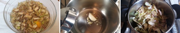 In una ciotola mettete dell’acqua fredda e del succo di limone per conservare i carciofi tagliati in modo che non diventino scuri. Nel frattempo mettete sul fuoco una casseruola con una noce di burro, dell’aglio tritato e un filo d’olio d’oliva. Una volta rosolato l’aglio aggiungete i carciofi scolati e asciugati nella casseruola, unite un pizzico di sale.
