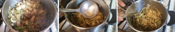 Dopo qualche minuto aggiungete mezzo dado vegetale, proseguite la cottura aggiungendo qualche mestolo di brodo vegetale precedentemente preparato. A metà cottura dei carciofi unite mezzo bicchiere di vino e lasciate sfumare.