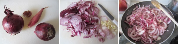 Lavate e sbucciate le cipolle, l’aglio e lo scalogno. Tagliate finemente e soffriggete tutto insieme in una padella con l’olio.