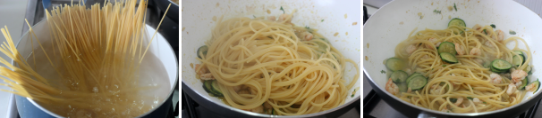 Nel frattempo mettete gli spaghetti dentro a dell’acqua salata venuta a bollore. Scolate la pasta qualche minuto prima, quindi, ancora al dente, trasferitela nel saltapasta, riaccendete il fuoco e terminate la cottura assieme al condimento, in modo che si insaporisca per bene. Spegnete ed impiattate terminando il tutto con una spolverata di prezzemolo fresco tritato.