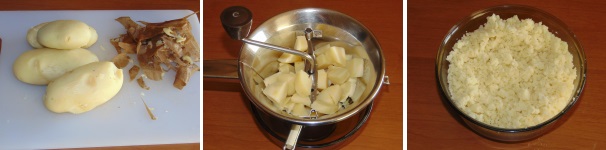 Pelate le patate precedentemente lessate e con l’aiuto di un passaverdure o di uno schiacciapatate ottenete una purea liscia.