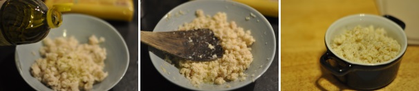 Ora aggiungete il pepe e l’olio a filo, poco alla volta, e schiacciate bene il composto con un cucchiaio di legno. Aggiungete olio fino ad ottenere una crema uniforme con pezzi grossolani di pesce. Se il risultato è troppo asciutto potete aggiungere un pochino di liquido di cottura.