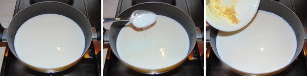 Versate circa 600 ml del latte in una pentola, unitevi lo zucchero, la scorza grattugiata del limone e fatelo scaldare leggermente a fuoco molto basso.