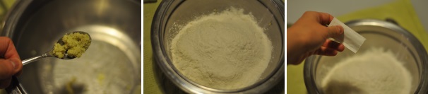 Grattugiate la radice di zenzero (con una grattugia a maglia fine). Aggiungete la farina, la fecola, lo zucchero e la vanillina.