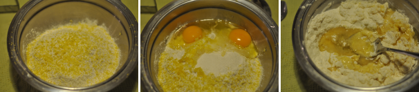 Grattugiate e aggiungete la scorza di un limone. Aggiungete alle farine le uova e la margarina precedentemente fusa e lasciata raffreddare. Impastate con una forchetta e successivamente con le mani.