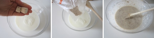 Sciogliete il lievito nel latte. Aggiungete metà della farina e mescolate bene. Lasciate riposare in frigo per 30 minuti.