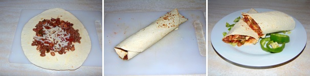 Cospargete la tortilla con un po’ di formaggio groviera e passate il tutto al forno a 150 °C per un paio di minuti, in seguito arrotolate la tortilla su se stessa e servite il burrito tiepido.