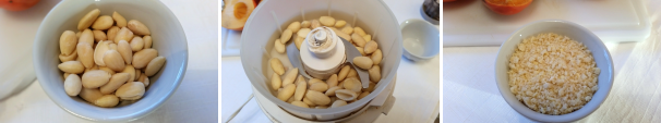 Prendete le mandorle, mettetele nel mixer e ricavate una granella piuttosto grossolana (potete trovare nella grande distribuzione la granella già pronta all’uso).