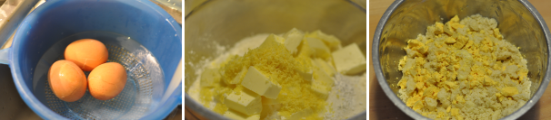 Scolate le uova e lasciatele raffreddare sotto acqua fredda corrente. Unite la scorza del limone al preparato base e iniziate a impastare con le mani. Accendete il forno a 180 °C.