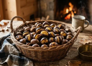 Un bel cestino in wicker pieno di castagne al forno calde e aperte, posizionato su un tavolo di legno rustico con foglie autunnali.