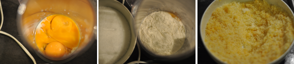 In un’altra ciotola capiente, unite i rossi d’uovo, la farina e lo zucchero. Mixate insieme con le fruste fino ad ottenere un composto grumoso.