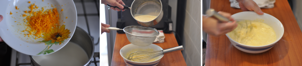 Mettete a intiepidire il latte e la panna aggiungendo la scorza dell’arancia precedentemente grattugiata. Lasciate riposare 30 minuti. Poi unitelo alle uova, filtrandolo attraverso un colino. Nel frattempo accendete il forno a 180 °C.