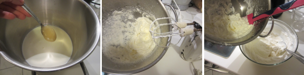 Unite il miele e la panna. Montate a neve. Aggiungete alla crema di ricotta e mescolate delicatamente dall’alto verso basso. Rimettete in frigo.