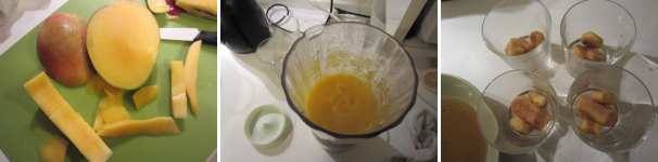 Tagliate il mango a pezzi grossi e frullatelo per ottenere una spuma. Componete il dolce: mettete i savoiardi, inzuppati precedentemente nel passito, sul fondo dei bicchieri.