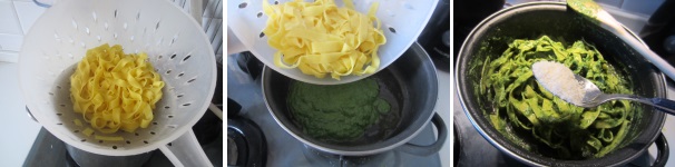 Scolate le fettuccine e aggiungetele al pesto. Mescolate per avvolgere bene la pasta. Cospargete con parmigiano e servite calde con qualche cappero per decorazione.
 