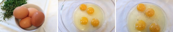 Prendete le uova, rompetele in una ciotola dai bordi alti, evitando che la buccia ci finisca all’interno. Aggiungete del sale e del pepe.
