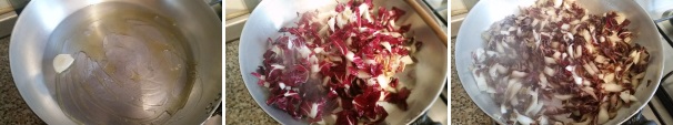 In una padella dal bordo alto, mettete due cucchiai di olio e fate rosolare lo spicchio d’aglio fino a quando si sarà leggermente dorato. Aggiungete il radicchio di Treviso tagliato a striscioline e fatelo appassire per qualche minuto a fuoco lento, regolate di sale e pepe.