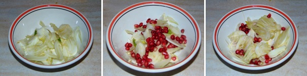 Trasferite i finocchio in una scodella insieme alla melagrana, quindi condite con sale, olio extravergine e succo di limone. Tenete a riposo questa insalata per qualche minuto.