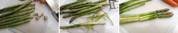 Prendete gli asparagi, lavateli sotto l’acqua corrente, tagliate la parte della radice più fibrosa e, con l’aiuto di un pelapatate, eliminate la parte esterna più dura. Tagliateli in tre pezzi.