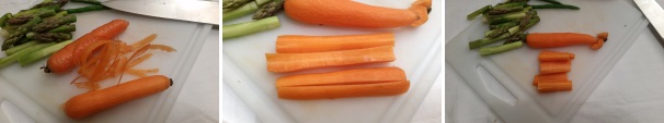 Prendete le carote, lavatele accuratamente e tagliate le estremità. Con l’aiuto del pelapatate eliminate la parte esterna. Tagliatele a metà e ricavate dei bastoncini di un paio di centimetri di lunghezza.